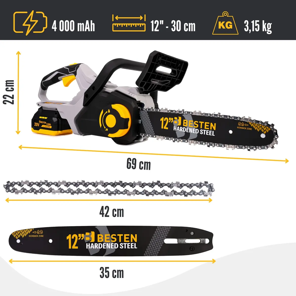 Specyfikacja techniczna Piła akumulatorowa 12 cali BESTEN BE0002893